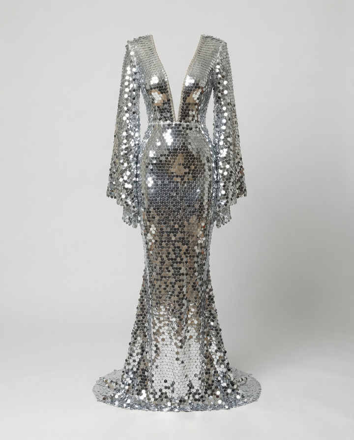 Bezauberndes Pailletten-Abendkleid mit Silber-Cover für Partys | Drune