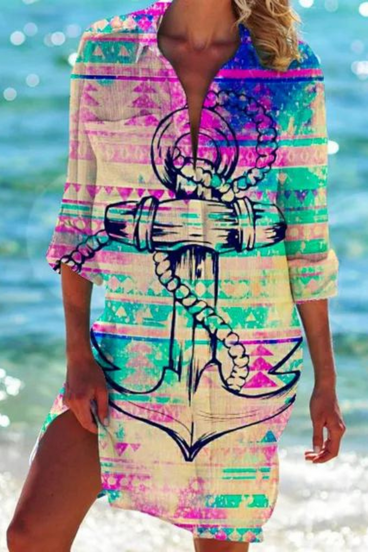Drune - Lange Strandbluse mit Meeresmotiv