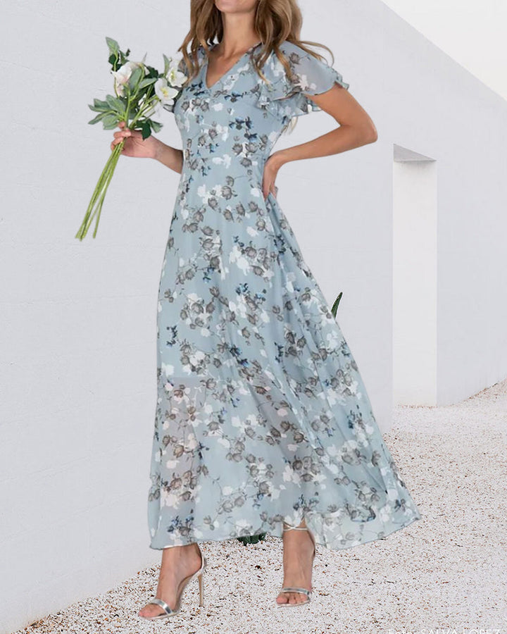 Drune - Florales Maxikleid Damen | Chiffonstoff luftiges Sommerkleid | Maxikleid mit fließendem Rock