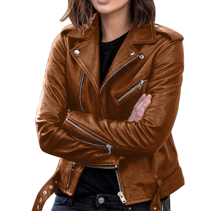 Drune | Jacke Damen Biker Modell mit Gürtel und Reißverschlussdetails