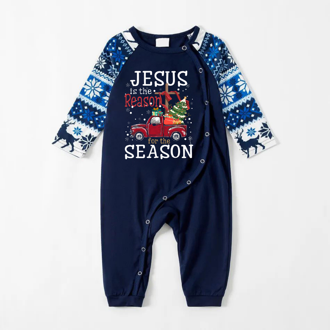 Drune | Fröhliche blaue Weihnachts-Pyjama-Set mit "Jesus ist der Grund für die Jahreszeit" Textdruck