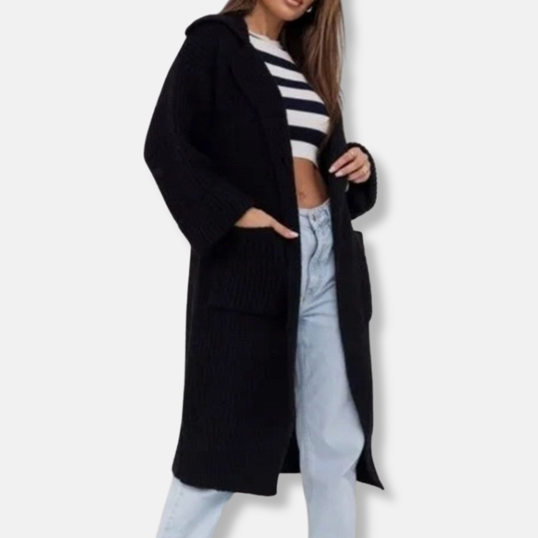 Drune | Lange Strickjacke Wollmischung Übergröße Passform Kapuze und Taschen