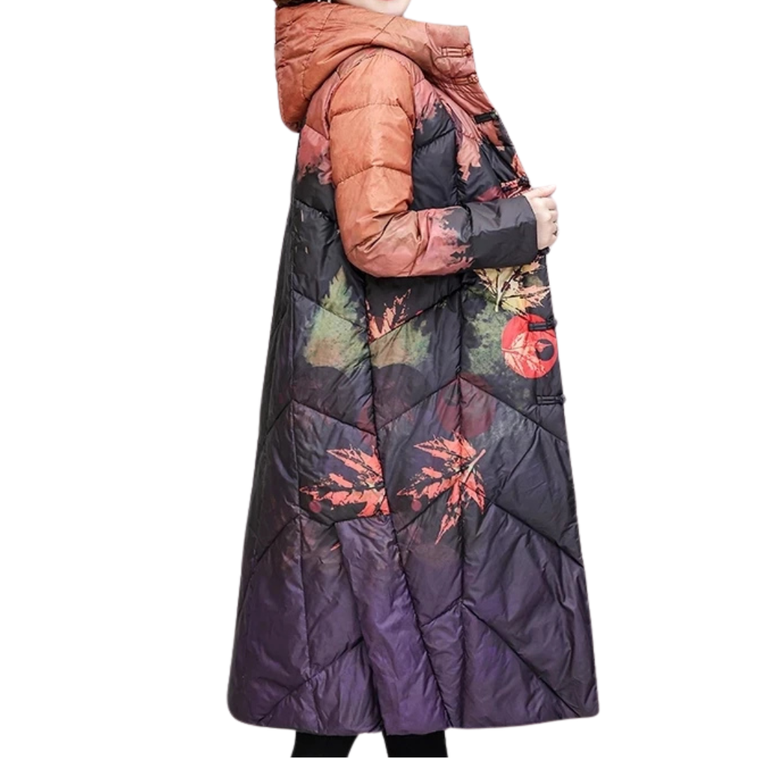 Drune | Damen Lange Winter Puffermantel Blattdruck