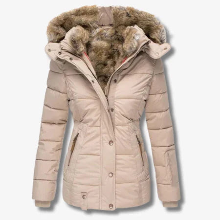 Drune | Damen Pufferjacke – Taillierte Silhouette – Kunstpelzkapuze – Gesteppt Wasserabweisend