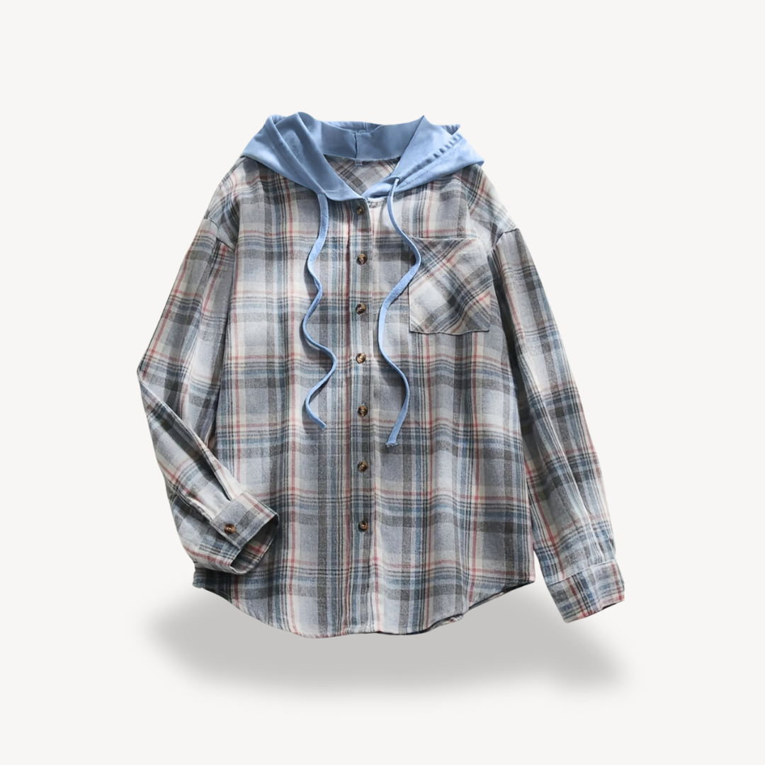 Drune | Damen Karierte Button-Down Hemdjacke mit Kapuze