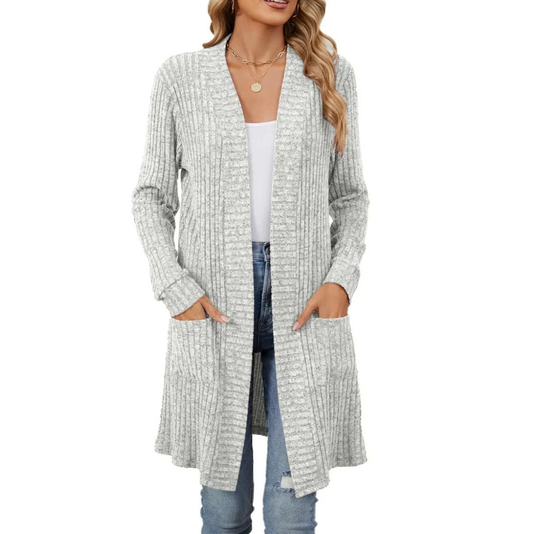 Drune | Lange Strickjacken Damen Gerippte Offene Vorderseite Jacke mit Taschen