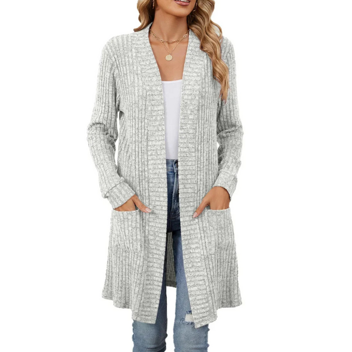Drune | Lange Strickjacken Damen Gerippte Offene Vorderseite Jacke mit Taschen