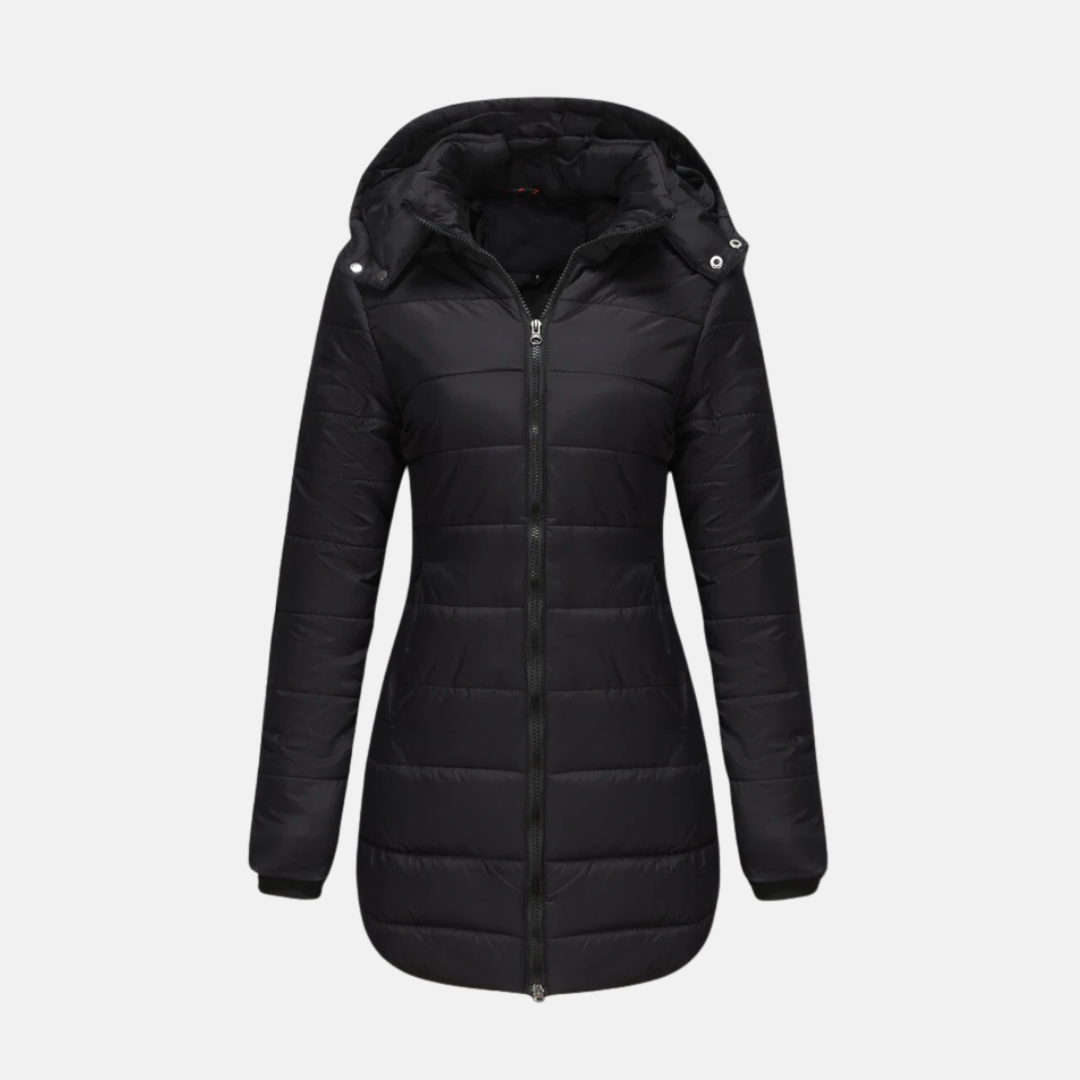 Drune | Damen Langjacke mit Fütterung – Gestepptes Design – Mit Kapuze – Zwei-Wege-Reißverschluss – Elastische Bündchen