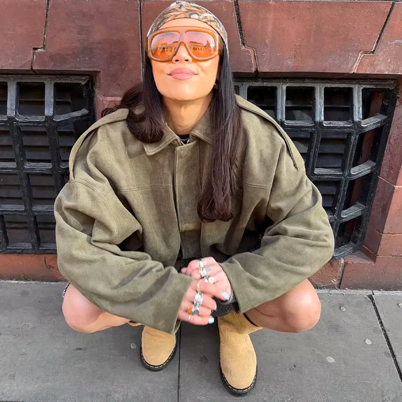 Drune | Überdimensional Jacke - Weiche Wildlederoptik - Voll gefüttert - Khaki