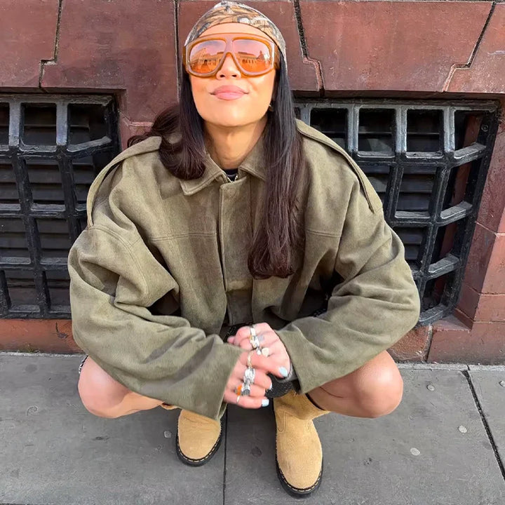Drune | Überdimensional Jacke - Weiche Wildlederoptik - Voll gefüttert - Khaki