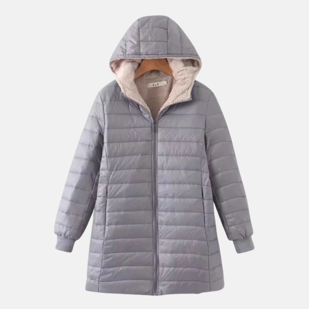 Drune | Damen Steppmantel – Mittellanger, lockerer Schnitt – Fleece-Hood – Wasserabweisend – Reißverschluss vorne