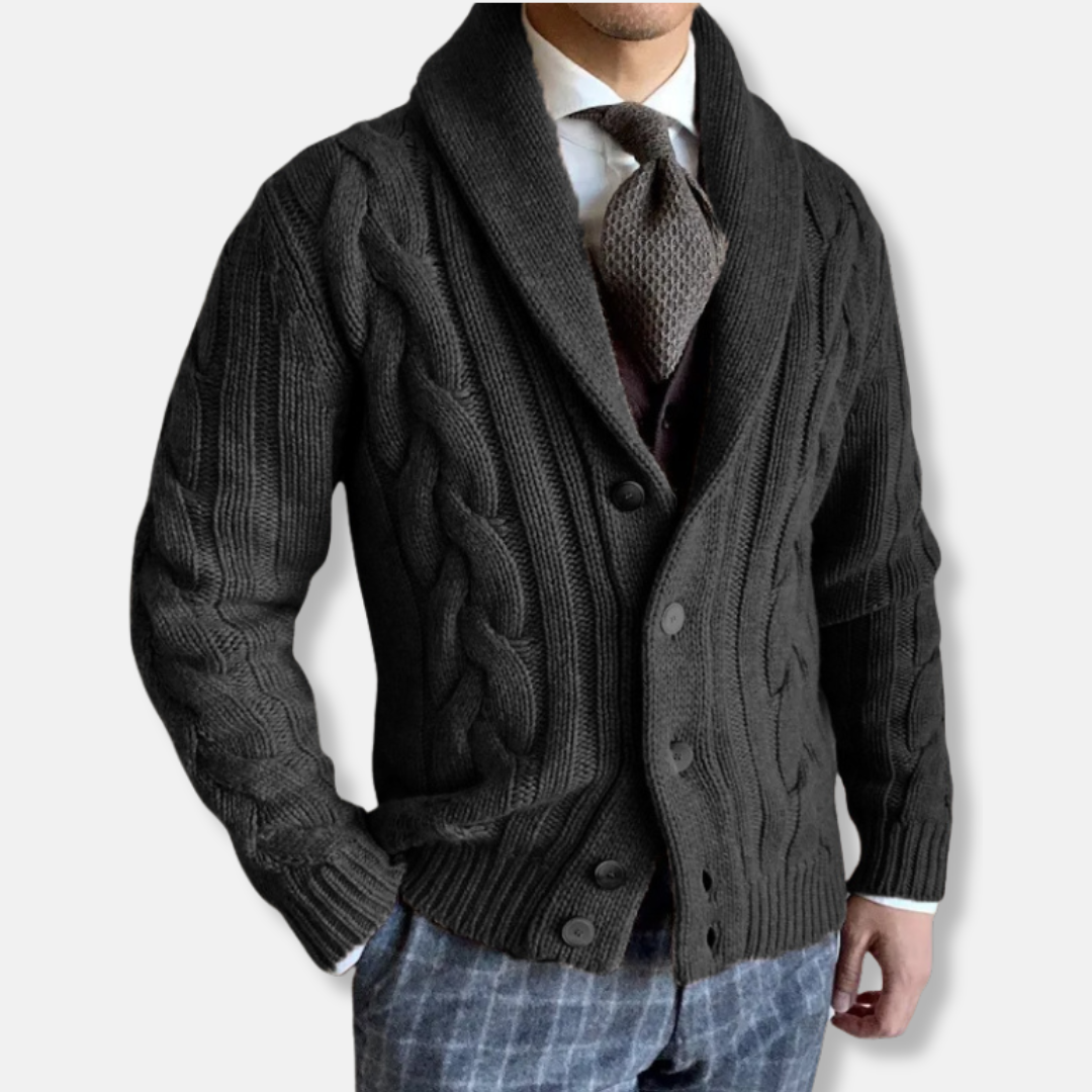 Drune | Strickjacke Wollmischung Reguläre Passform Kabelstrick Schalkragen Knopfverschluss