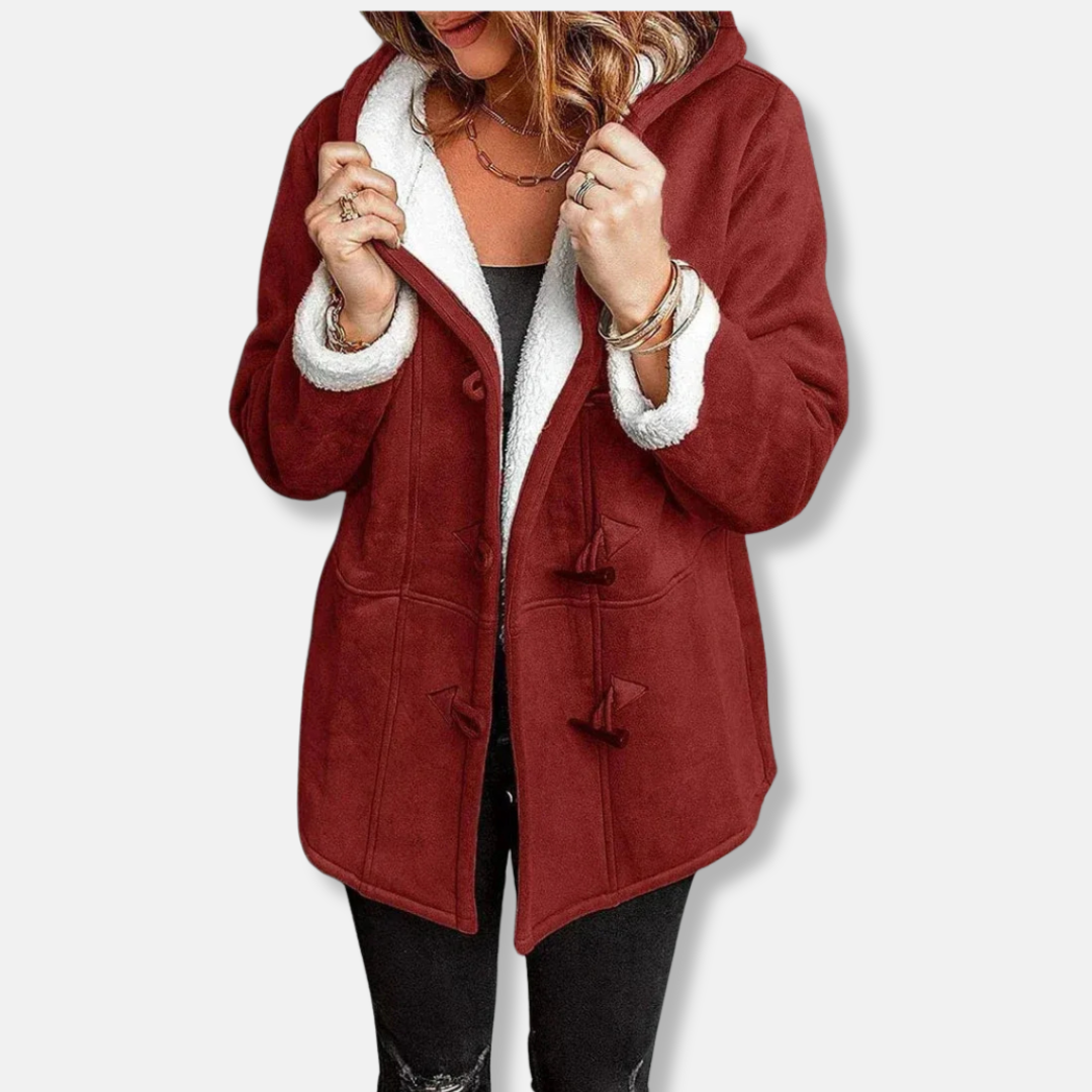 Drune | Damen Fleecejacke – Kapuze – Plüschfutter – Lockere Passform – Knopfverschluss – Mittellange