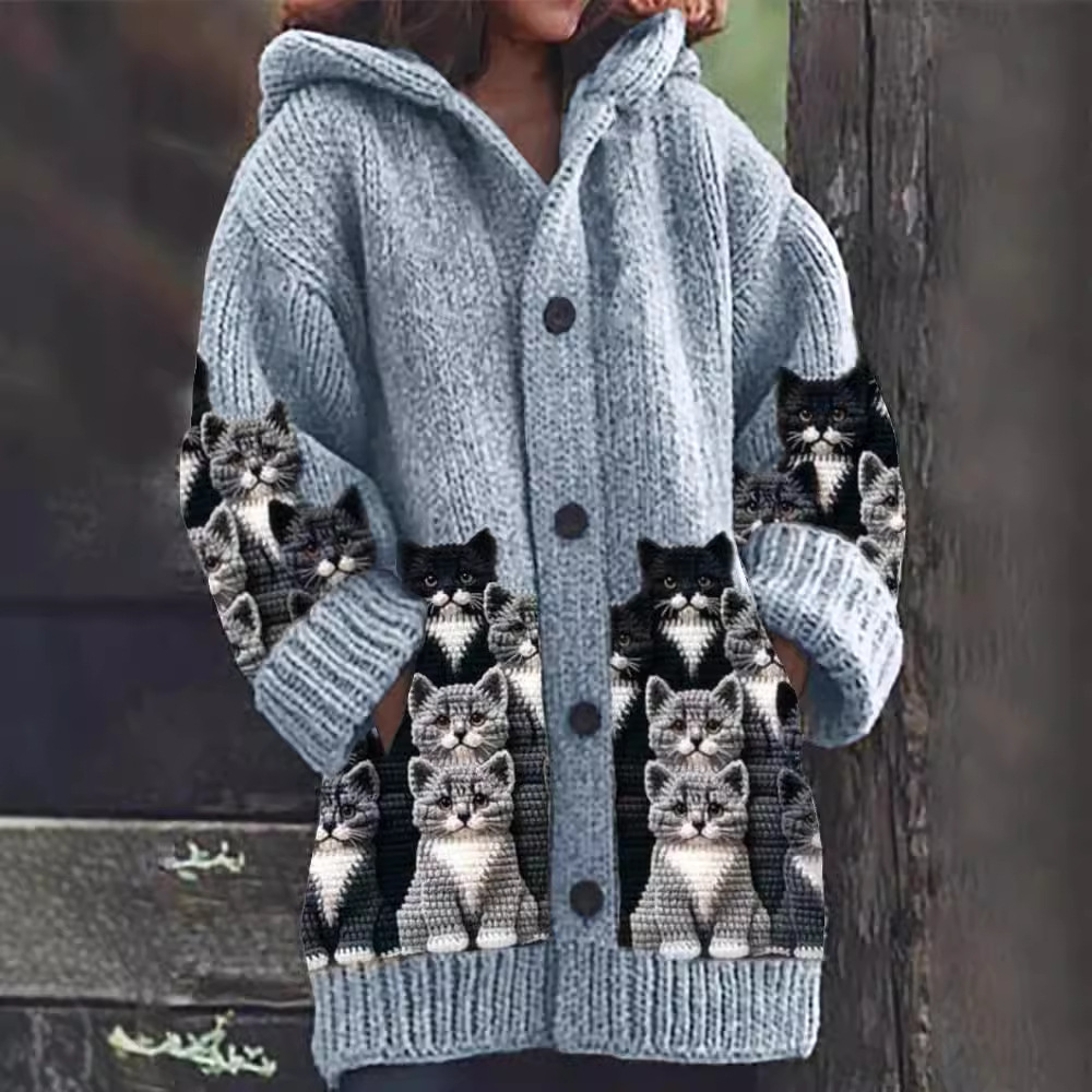 Drune | Gemütlicher Gestrickter Katze Druck Cardigan