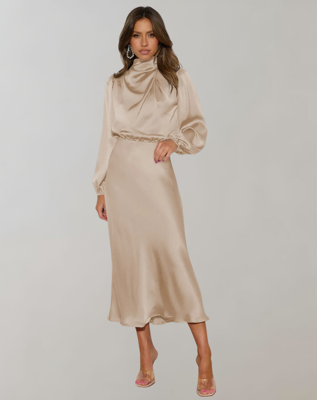 Drune | Elegante Satin Kleid mit Langen Ärmeln