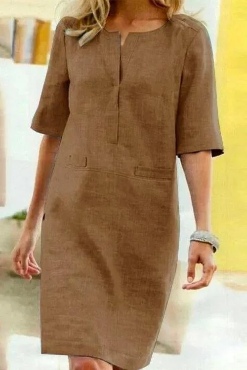 Drune | Gerade Kleid mit Kurzen Ärmeln aus Baumwolle und Leinen