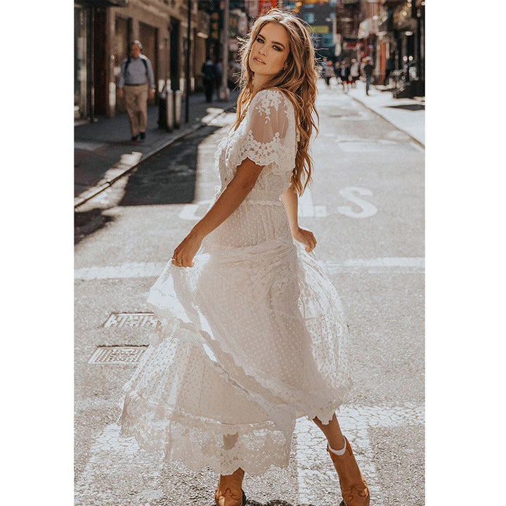 Drune | Chiffon Spitze Kurze Ärmel Boho V-Ausschnitt Maxi Kleid