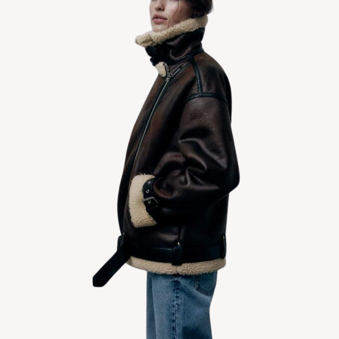 Drune | Damen Faux Shearling Pilotenjacke Braun