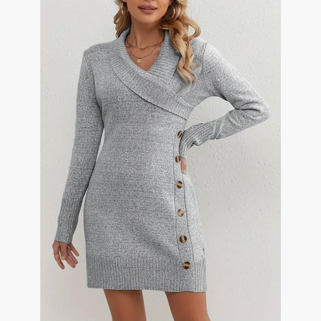 Drune | Elegantes Kleid mit Knopfdekoration im V-Ausschnitt für Frauen