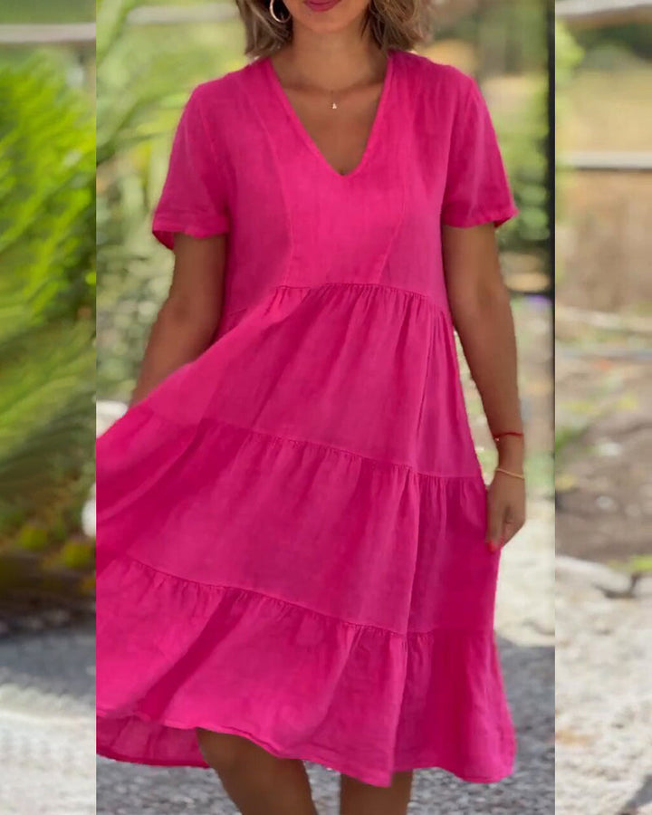 Drune | Einfarbiges Kleid aus Baumwoll-Leinen mit V-Ausschnitt