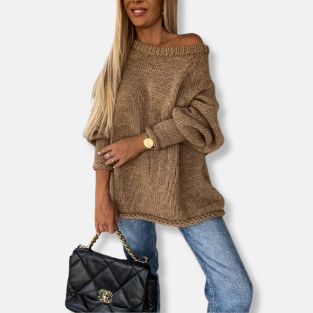 Drune | Sweatshirt - Chunky Knit - Oversized Fit - Off-Shoulder Neck - Balloonärmel