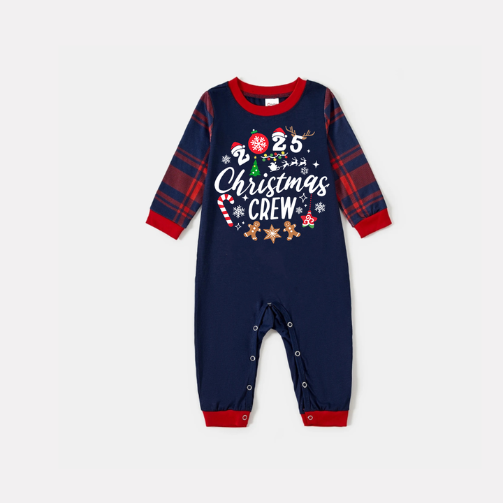 Drune | "2025 Weihnachtsmann Crew" Text und Santa Hat Drucke Blau Langarm Top mit Rot- und Blaukarierten Hosen Weihnachts Matching Pyjamas