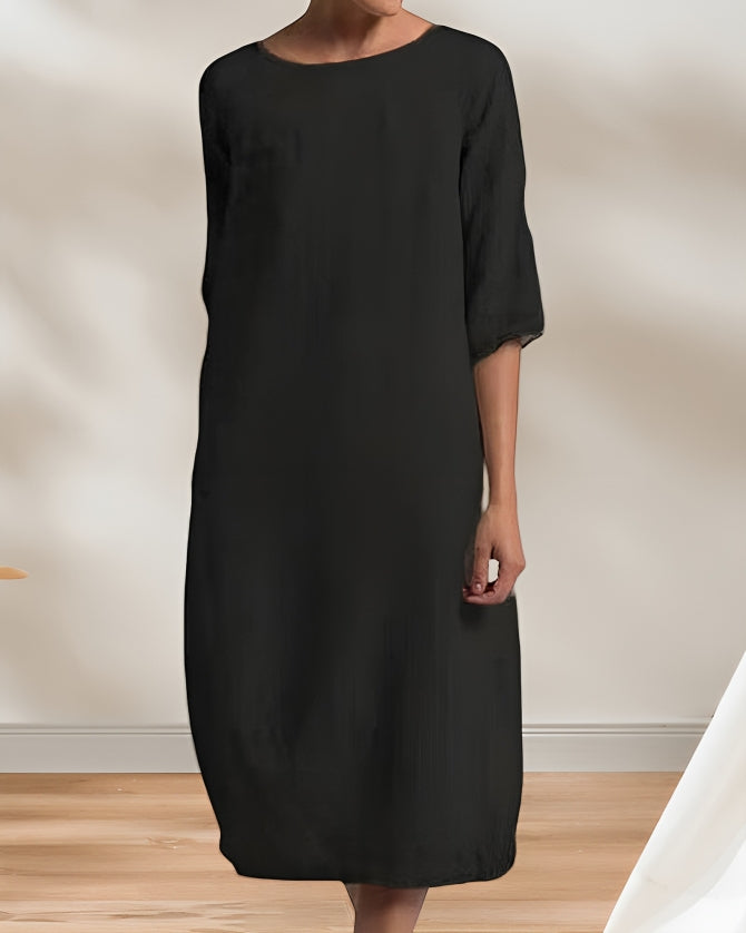 Drune | Ladies Lässig Leinen Look Einfaches Midikleid