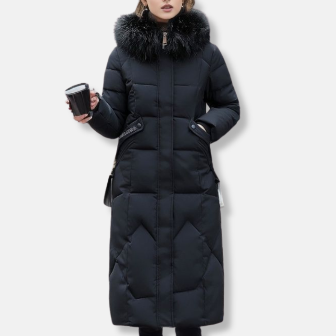 Drune | Damen Wattierte Jacke – Schmaler Schnitt – Ge quiltetes Design – Abnehmbarer Pelzkragen – Voller Länge