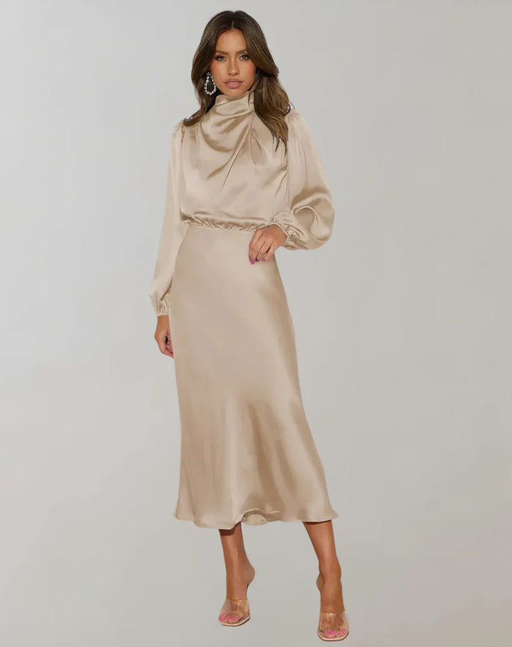 Drune | Klassisches Satin Kleid Mit Hohem Kragen Und Langen Ärmeln Für Frauen