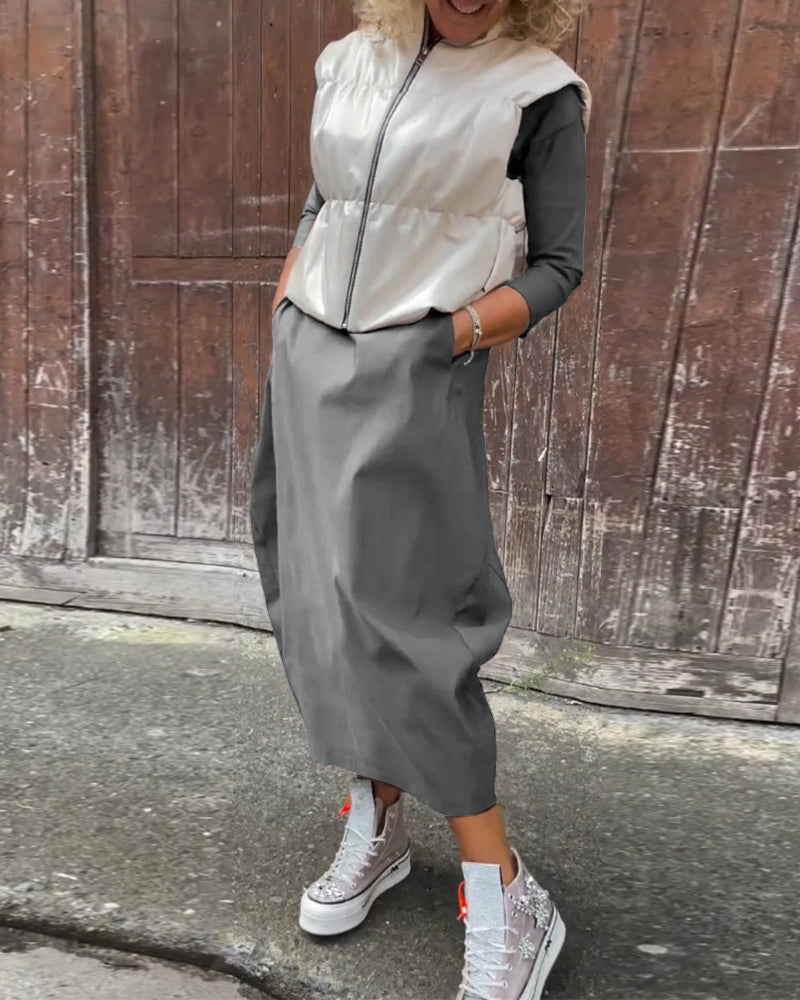 Drune | Schlichtes Einfarbiges Elegantes Kleid mit Langen Ärmeln und Tasche