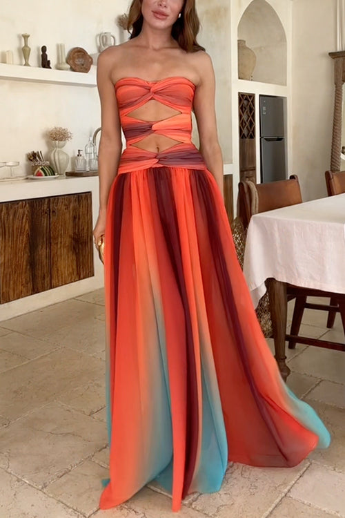 Drune | Strapless Twist Front Cut Out Farbiges Mesh Maxi Kleid