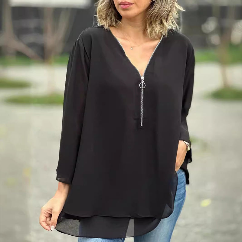 Drune | Chiffon Reißverschluss Top mit V-Ausschnitt