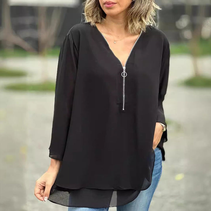 Drune | Chiffon Reißverschluss Top mit V-Ausschnitt