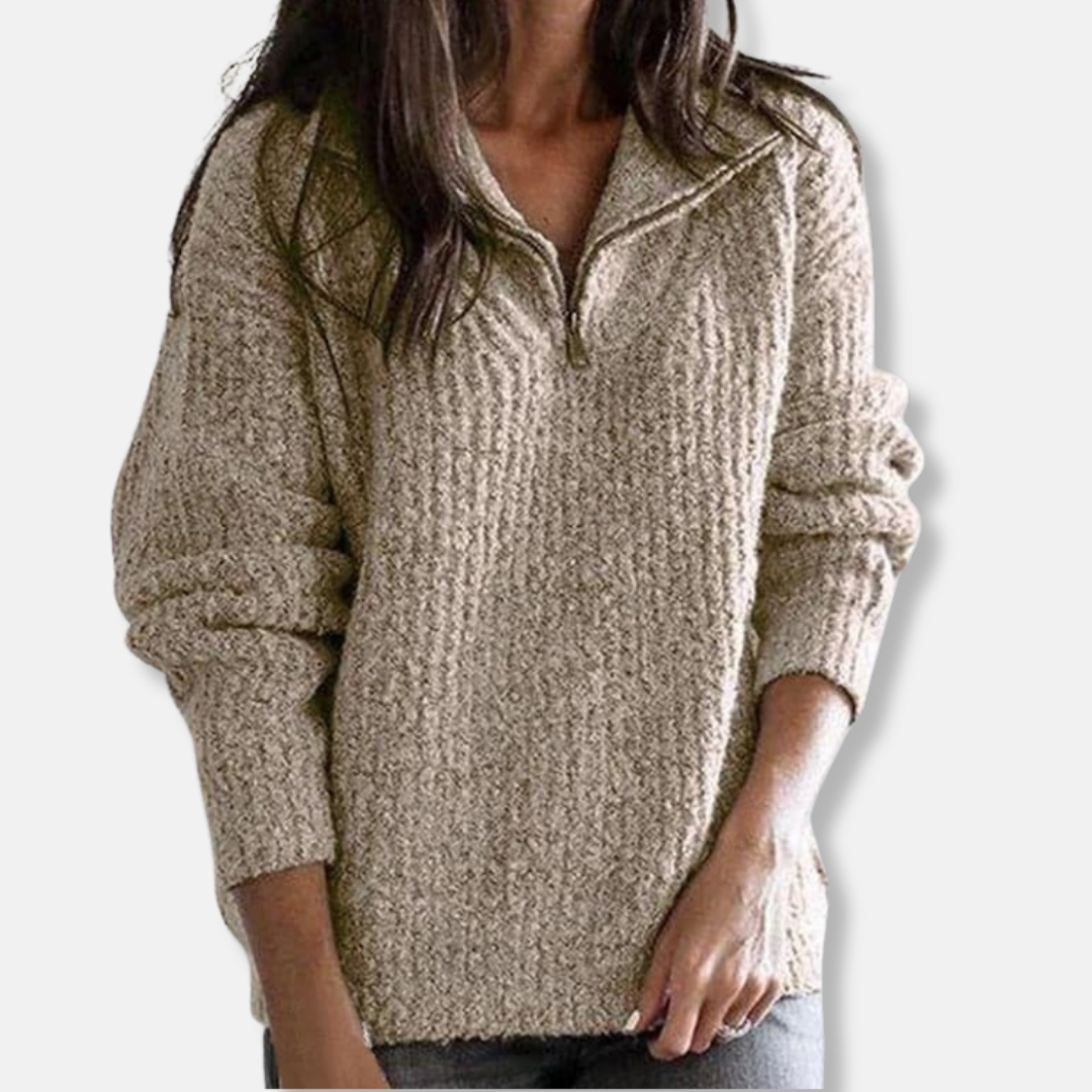 Drune | Geripptes Halb-Reißverschluss-Kragenpullover - Solider Lässiger Schnitt Pullover