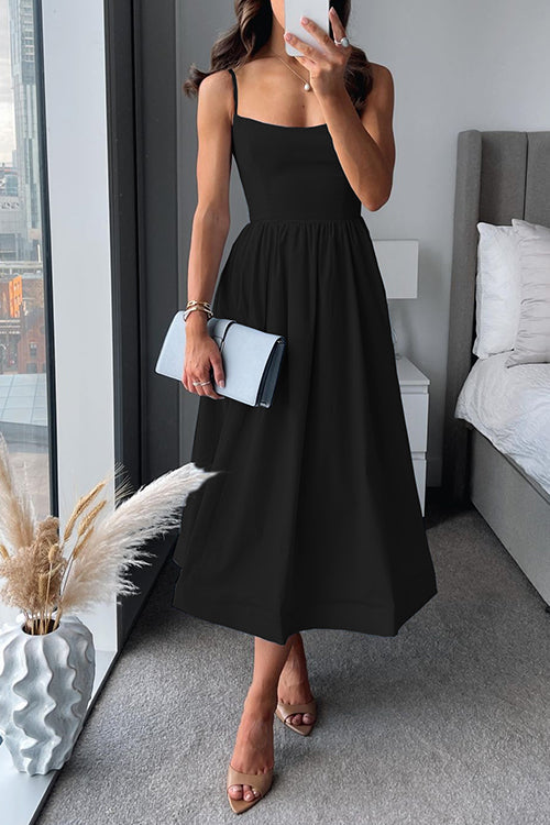 Drune | Midi Kleid Spaghettiträger Quadratischer Ausschnitt Ausgestellter Rock Elegante Passform