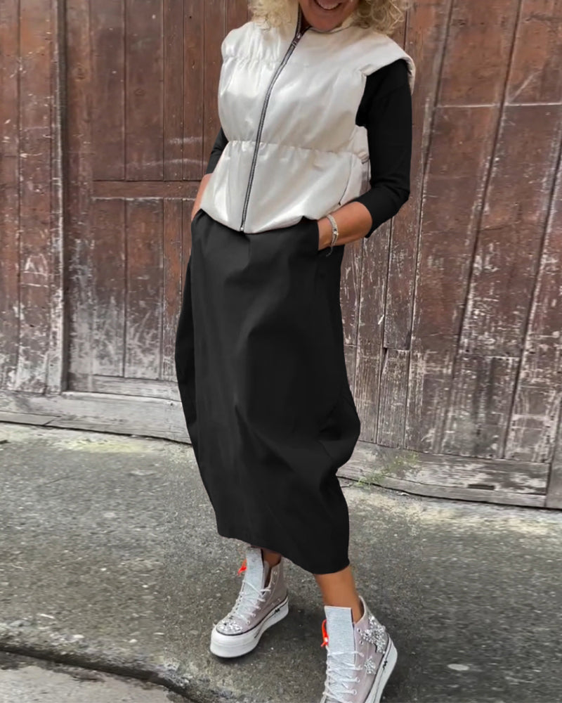 Drune | Schlichtes Einfarbiges Elegantes Kleid mit Langen Ärmeln und Tasche