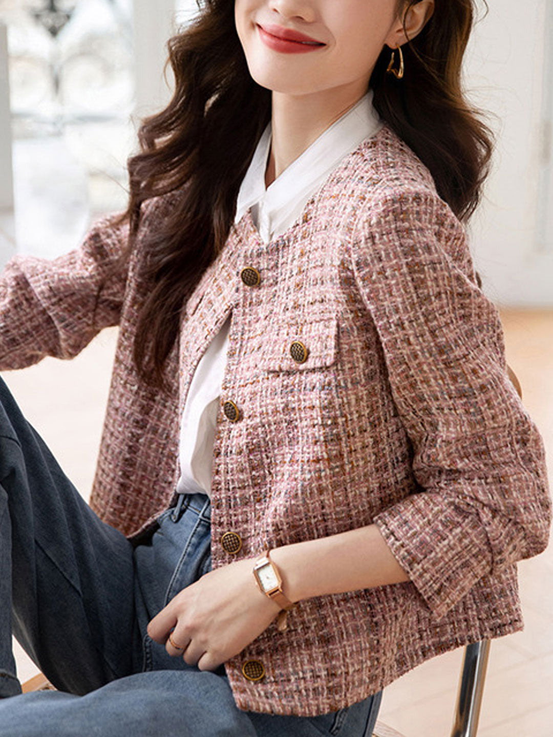 Drune | Elegante Rundhals-Pink-Tweed-Jacke