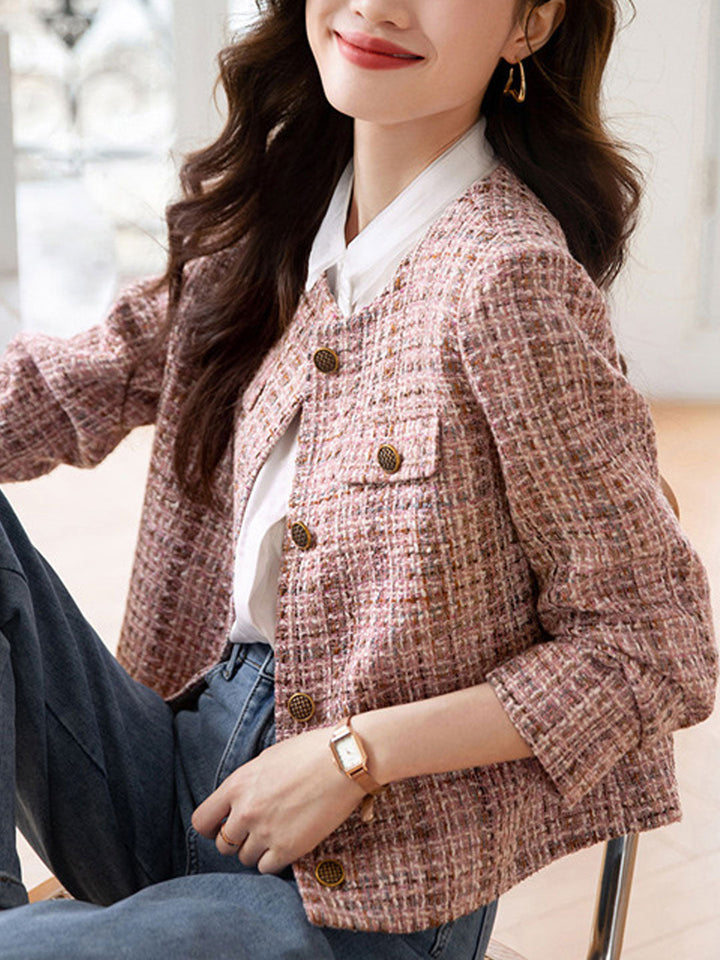 Drune | Elegante Rundhals-Pink-Tweed-Jacke