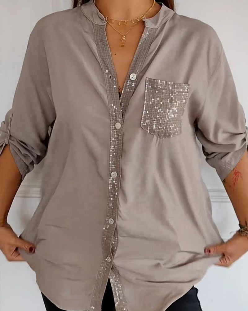 Drune - Schicke Bluse mit Knopfleiste und Paillettenbesatz für Damen | Elegante Langarmbluse mit Paillettentasche