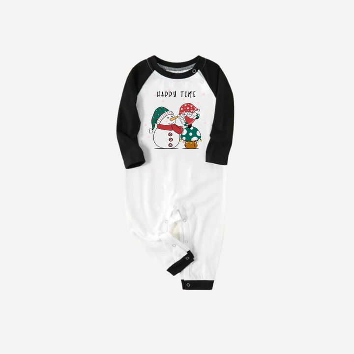 Drune | Schwarzes Raglan-Oberteil Grünes Karomuster Weihnachten Schlafanzug-Set Mit Schneemann und Gnom und "Happy Time" Textdruck