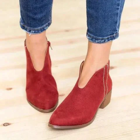 Damen Ankle Boots Wildleder V Form Niedriger Absatz Reißverschluss