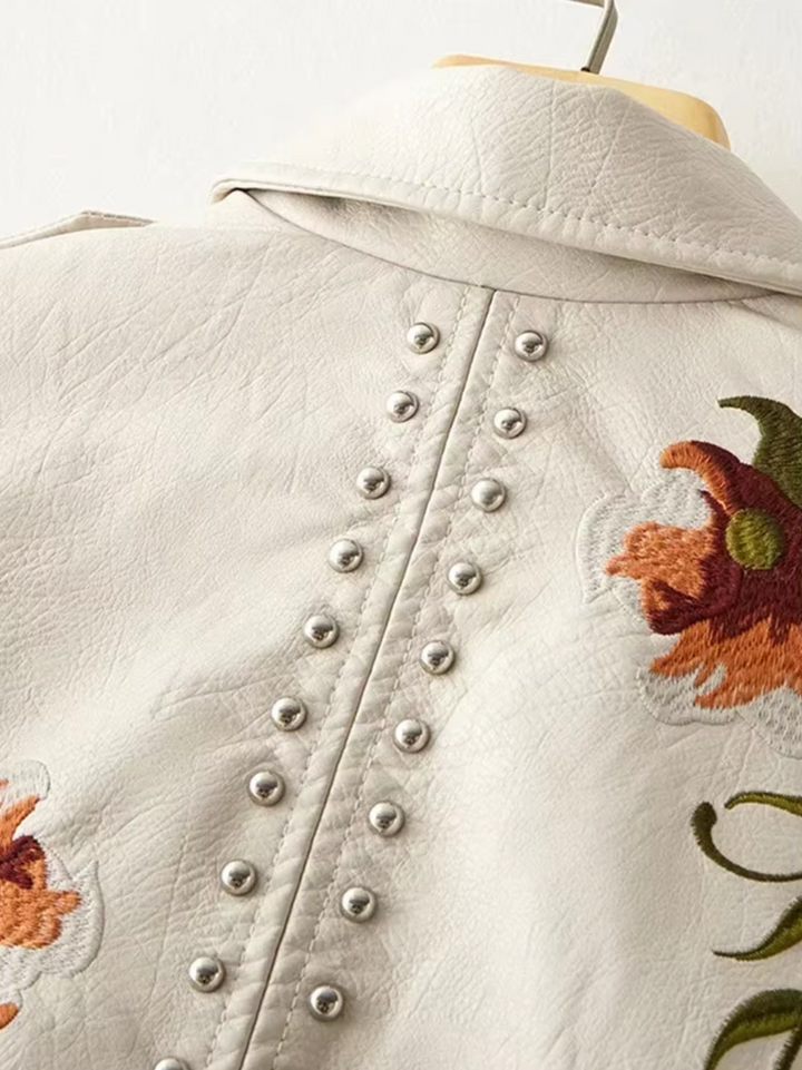 Drune | Lederjacke Taillierte Passform Bestickte Blumen Nieten Biker Stil