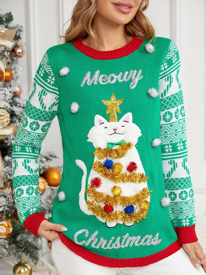 Drune | Weihnachten Langarm Cat Appliqué Rundhals Pullover