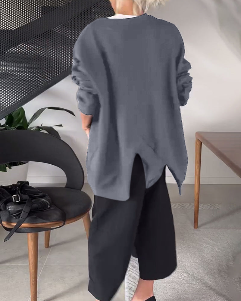 Drune | Sweatshirt mit Rundhalsausschnitt und Schlitz in Unifarbe