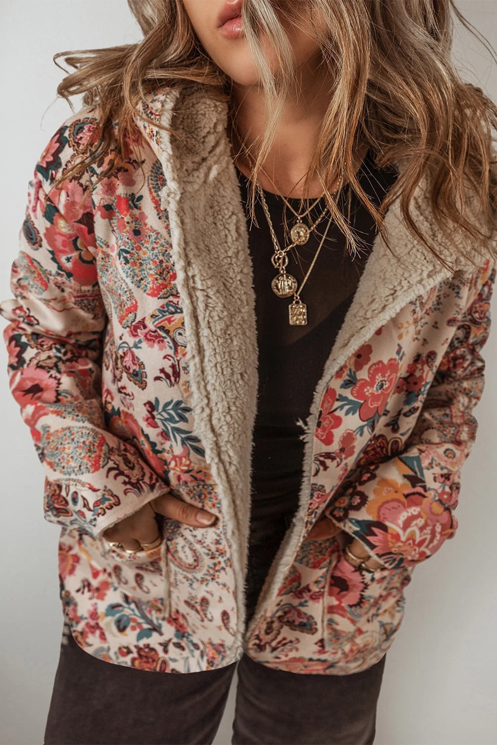 Drune | Vintage Paisley Blumenbedruckte Sherpa Futter Kapuzenjacke