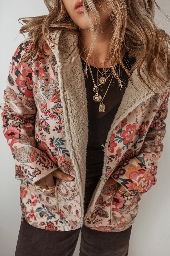Drune | Vintage Paisley Blumenbedruckte Sherpa Futter Kapuzenjacke