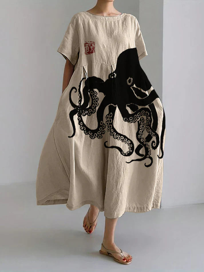 Drune | Langes Kleid Aus Halbleinen Mit Japanischem Muster Aus Octopus Leinen