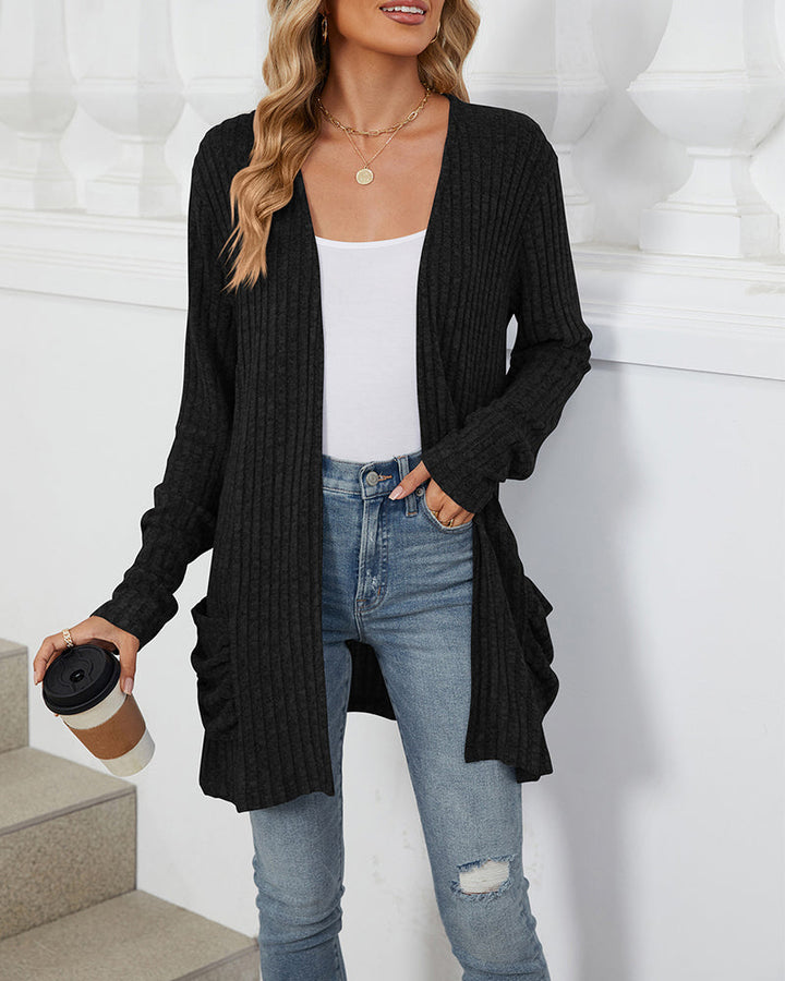 Drune | Lässiger Einfarbiger Cardigan mit Langen Ärmeln und Tasche
