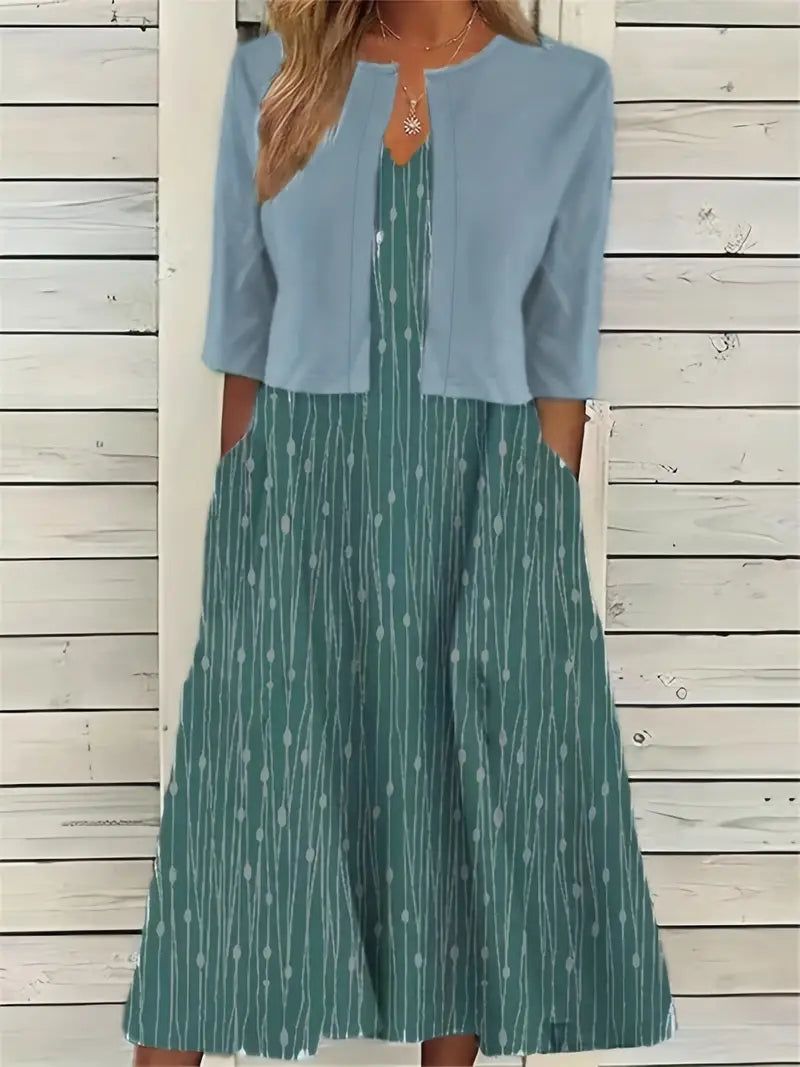 Drune – elegantes zweiteiliges blumenkleid-set mit einfarbigem crop-top und kleid mit rundhalsausschnitt