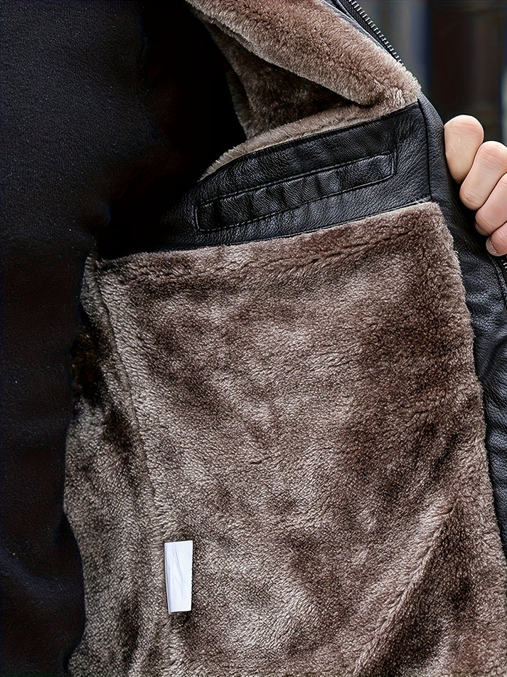 Drune | Fleece Gefütterte PU Lederjacke Mit Schicker Reißverschlusstasche Für Herren - Perfekt für Drune | Tage